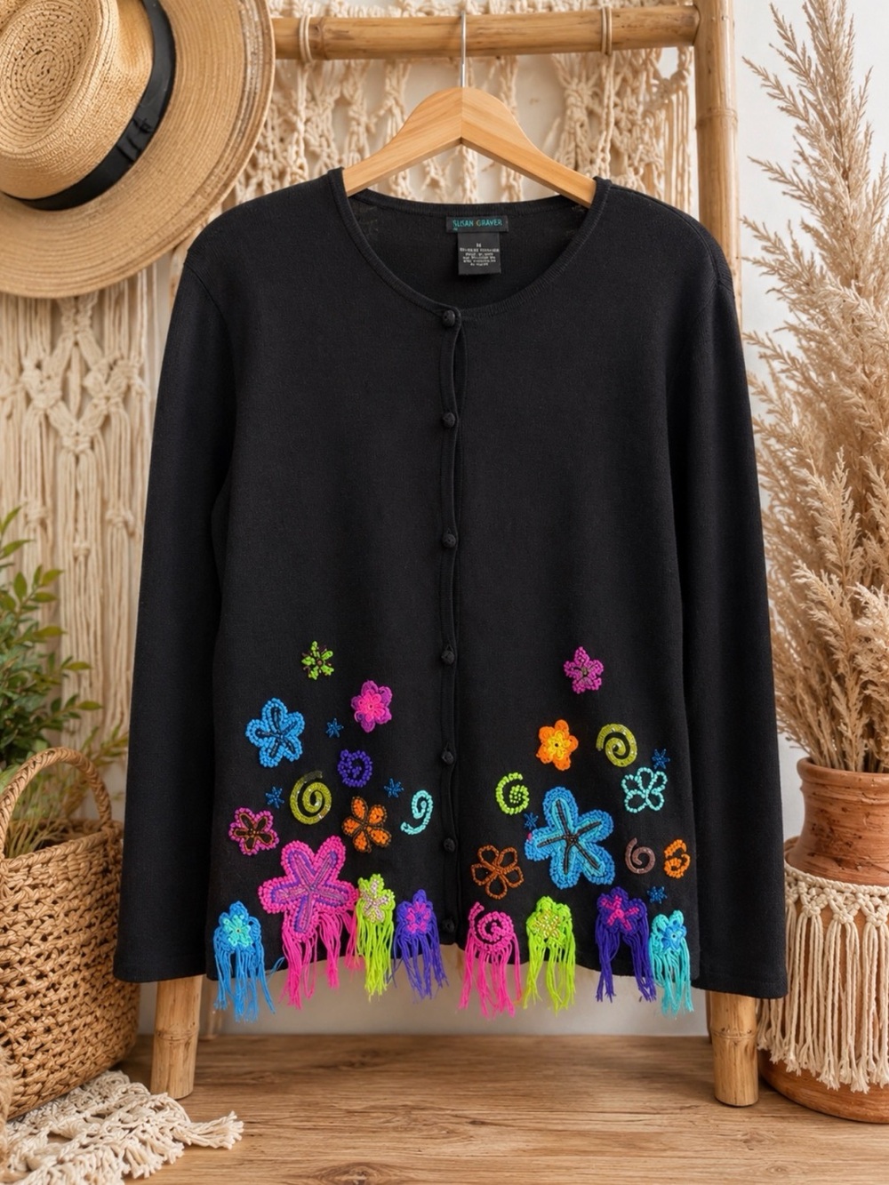 Y2K boho Black Embroidered Fringe Floral Cardigan Sweater size m